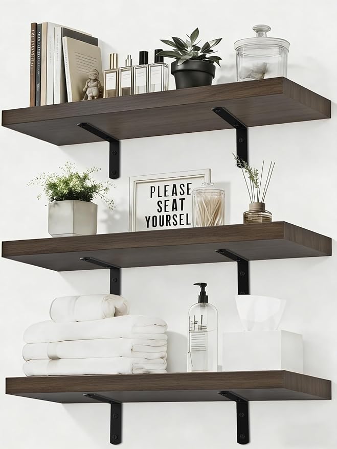 Easy Install Floating Shelves, 15.7 Inch Wall Mounted Wood Shelf,Hanging Shelf for Home Decor, Books and Storage, Small Organizer for Bedroom, Bathroom, Kitchen, Set of 3, Vintage Brown