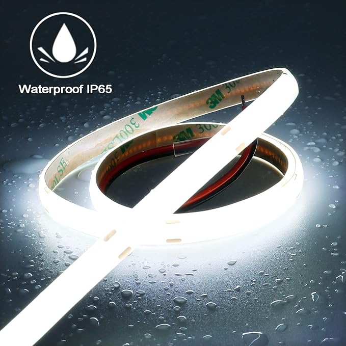 TOPAI 24V COB LED Strip 32.8ft Cool White 6000K Outdoor Waterproof CRI>93 Self Adhesive Uniform Dotless 384LEDs/M Cuttable Flexible for Cabinet Home Office DIY Lighting Projects