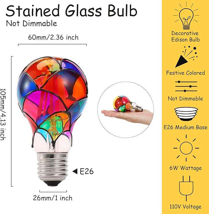 Stained Glass LED Light Bulb, E26 Base 6W A19/A60 LED Colorful Bulb for Party Lighting, Bedside Lamp, Festive Atmosphere, Christmas Halloween Decoration, Non-Dimmable, 2 Pack