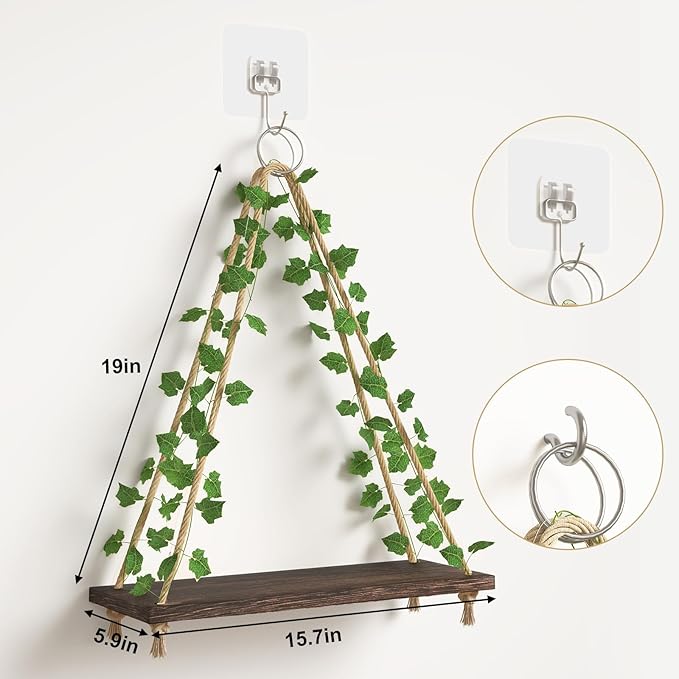 Fixwal Artificial Ivy LED-Strip Floating Shelves Set of 2, Macrame Hanging Shelves Plant Wall Decor, Rustic Boho Wood Wall Storage Shelves for Bedroom, Living Room, Bathroom Decor (Dark Brown)
