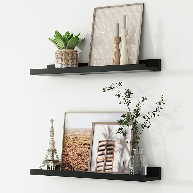 FLYJOE Picture Ledge Shelf, Floating Shelves Set of 2, 24 Inches Nursery Book Shelves for Toys Storage, Kids Bookshelf Wall Mounted for Living Room Bedroom Decor Books Photo Frames, Black