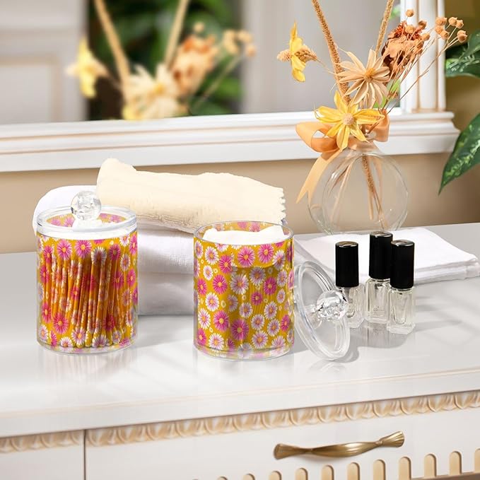 2 Pack Apothecary Jars Small Daisies in Pink Bathroom Vanity Storage Organizer Set,Small Clear Plastic Storage Jars Bathroom Canister for Cotton Swabs, Rounds, Balls, Qtips,Makeup Sponges, Flos