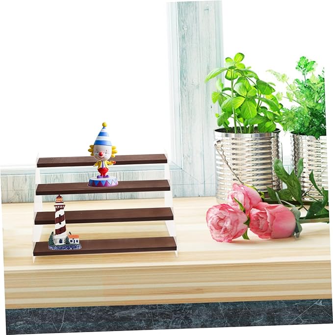 Cabilock Acrylic Wood Shelf 4 Tier Display Stand for Toys Collectibles Jewelry Makeup Organizer