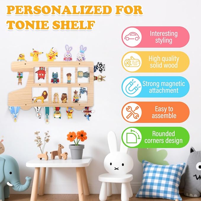 Car for Tonies Box Figures Characters Organizer Storage Shelf Wall Mounted, Bus Wooden Magnetic Floating Shelves for Tonies Characters, Display Collection 15~25 Characters