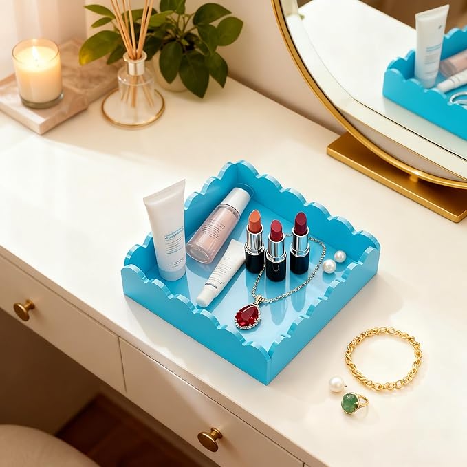 Scalloped Acrylic Tray, Glossy Blue Acrylic Decorative Tray for Home Decor, 8x8 Inch Acrylic Organizer Tray for Bathroom Vanity Countertop Square Acrylic Display Tray for Jewelry (Square Blue)