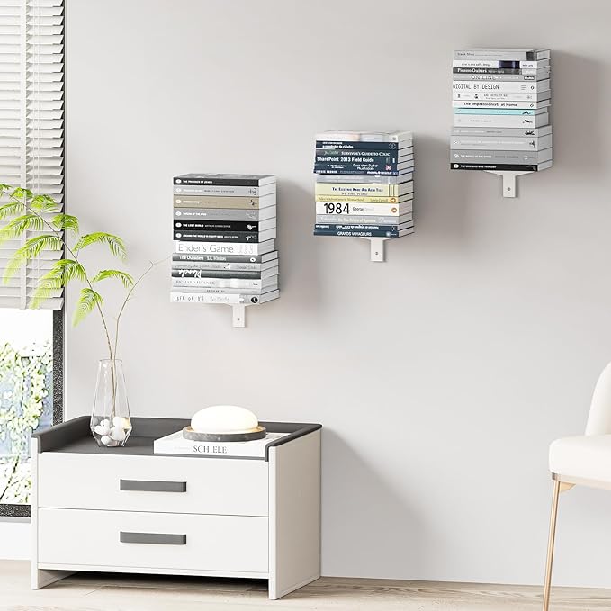 Floating Book Shelves for Wall, 2 Tier Invisible Floating Bookshelf, Vertical Spine Book Tower, Wall Mounted & Space Saving, Heavy Duty Metal Book Organizer for Home Office, 1 Pack White