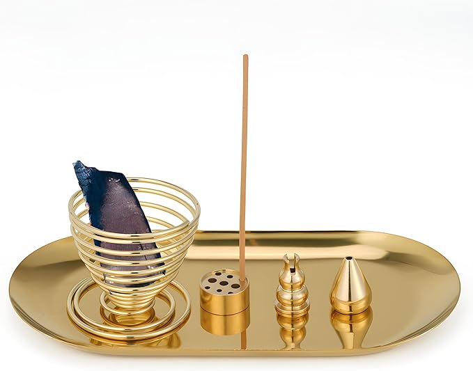 5 in 1 Incense Burner, Sage Holder, Copper Incense, Palo Santo Sticks Holder, 6.9 inches Alloy Cone Ash Catcher, Incense Coilfor Meditation Yoga Room