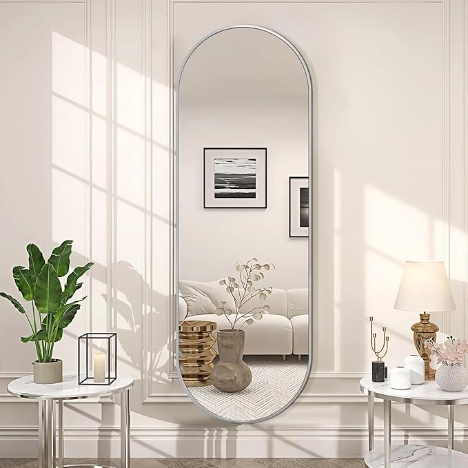 Niccy 65"×22" Oval Full Length Mirrors, Long Wall-Mounted Mirror with Aluminum Frame, Large Body Mirrors for Living Room, Explosion-Proof Hanging Wall Mirror for Bathroom Bedroom Entryway, Silver