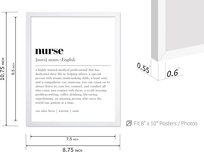 Poster Master Typography Poster - Dictionary Print - Nurse Definition, Amazing Person Who Saves the World, Hero, Saint - Gift for Friend - Wall Decor for Home, Hospital, 8x10 White Framed