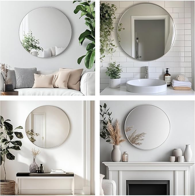 Oruii Silver Round Mirror, Silver Round Mirror 24 inch, Circle Bathroom Mirrors Metal Frame, Nickel Circle Mirrors for Wall, Over Sink, Bathroom, Living Room, Vanity, Chrome