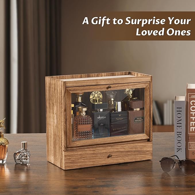 Emfogo Cologne Organizer for Men, Solid Wood Perfumes Organizer for Men Dresser, Large Capacity Dustproof Cologne Holder with Drawer Storage Perfume Stand Organizer, Ideal Gift for Loved ones