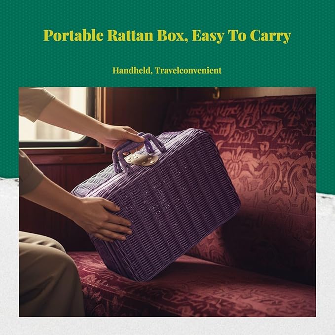Woven Suitcase Imitation Rattan Storage Basket Gift Box Rustic Picnic Suitcase Handwoven Storage Case for Travelling Bathroom, Violet XL