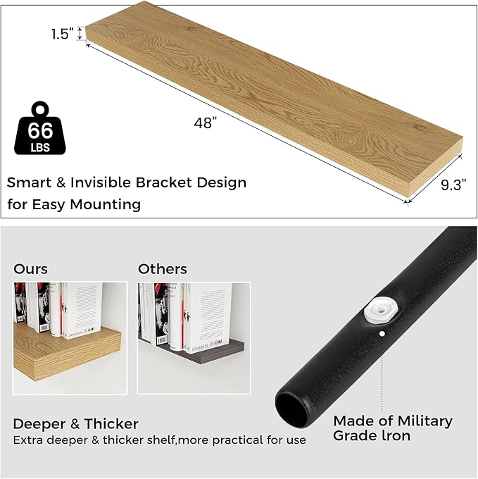 Venusmiles Floating Shelves for Wall, Engineered Wood Wall Shelves with Invisible Brackets for Living Room Bedroom Bathroom Office Kitchen Decor and Storage (Oak, 48" W x 9" D x 1.5" H) Set of 2