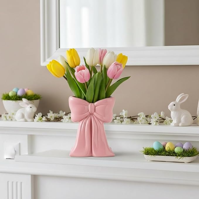 Jingmore Pink Bow Vase Coquette Ceramic Vase Pen Holder Makeup Brush Holder Contemporary Design Decorative Women Gift for Wedding Home Office Shelf Table Room(Medium, Elegant)