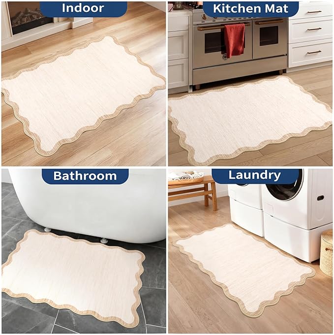GarveeHome Scalloped Door Mat Indoor Entrance 2x3 Rug Machine Washable Boho Small Area Rug Non-Slip Low Pile Throw Rugs for Entryway Kitchen Front Door Indoor Entrance Entry Kids Room, Beige