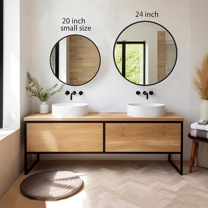 Sunniry Black Circle Mirror, Round Bathroom Mirror 20 inch, Round Wall Mirror Metal Frame, Circle Mirrors for Bathroom, Vanity, Bedroom, Hallway.