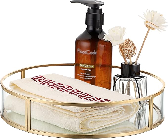 ELLDOO Gold Round Glass Decorative Tray, 9.9inch Metal Mirrored Jewelry Tray, Makeup Perfume Organizer for Bathroom Sink Vanity Dresser
