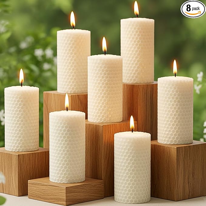 8 Packs White Beeswax Candles, Natural Beeswax Pillar Candles for Home Decor, Hand-Rolled Unscented Bees Wax Candle for Air Purify, Holiday Decor, 2x4 Inch