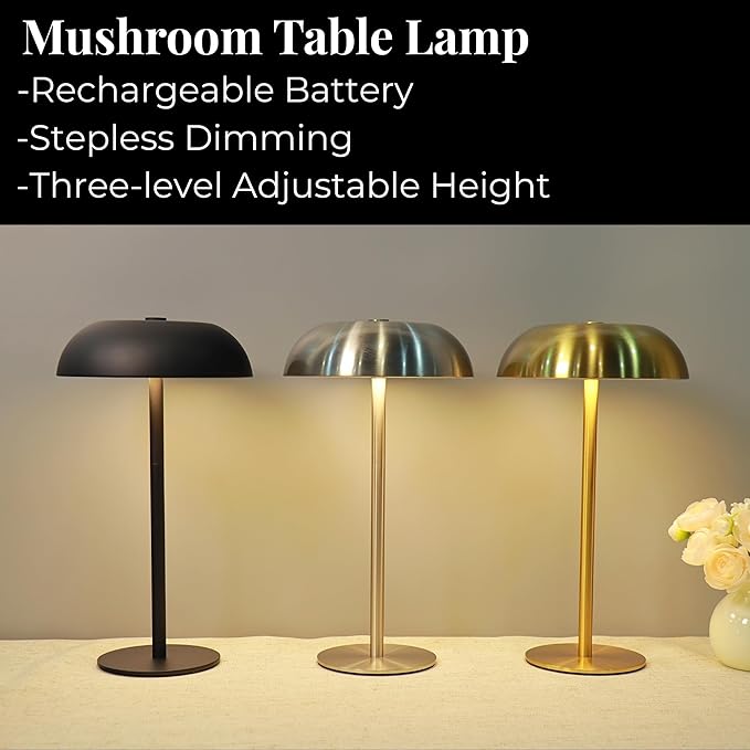 Portable Mushroom Table Lamp with 5200mAh Battery, 11'' Cordless LED Night Light with Stepless Dimming, 3 Color Modes & Adjustable Height for Bedroom/Patio/Bar Decor/Coffee Shop Ambiance (Silver-tall)
