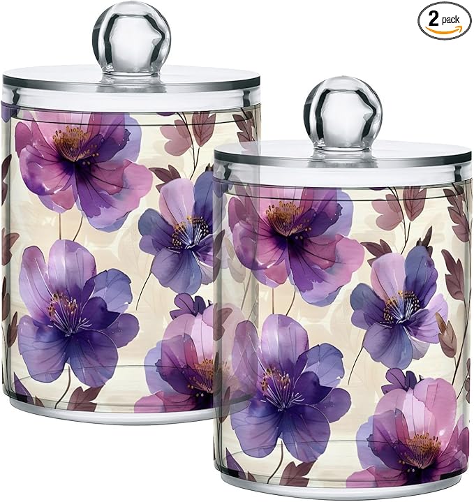 ALAZA 4 Pack Qtip Holder Dispenser Purple Tulip Flower Beige Cotton Ball Cotton Swab Round Pads Floss Clear Bathroom Storage Containers Plastic Apothecary Jars with Lids