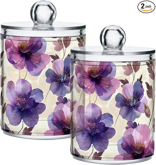 ALAZA 4 Pack Qtip Holder Dispenser Purple Tulip Flower Beige Cotton Ball Cotton Swab Round Pads Floss Clear Bathroom Storage Containers Plastic Apothecary Jars with Lids