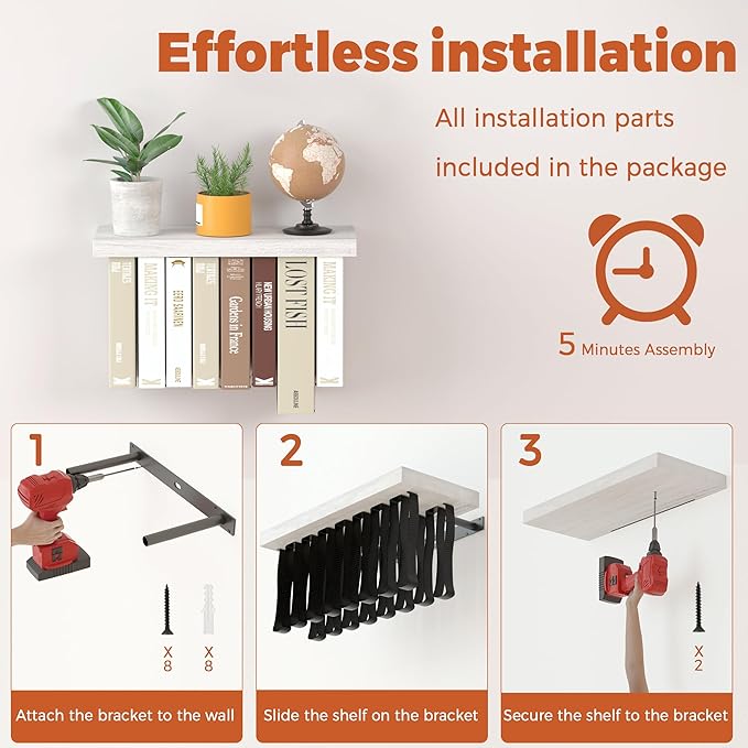 Tohiasen Floating Book Shelves for Wall Mounted Set of 2, Wood Hanging Bookshelf, Book Display Shelf for Wall, Unique Space Saving Book Shelf Wall Book Holder (White)