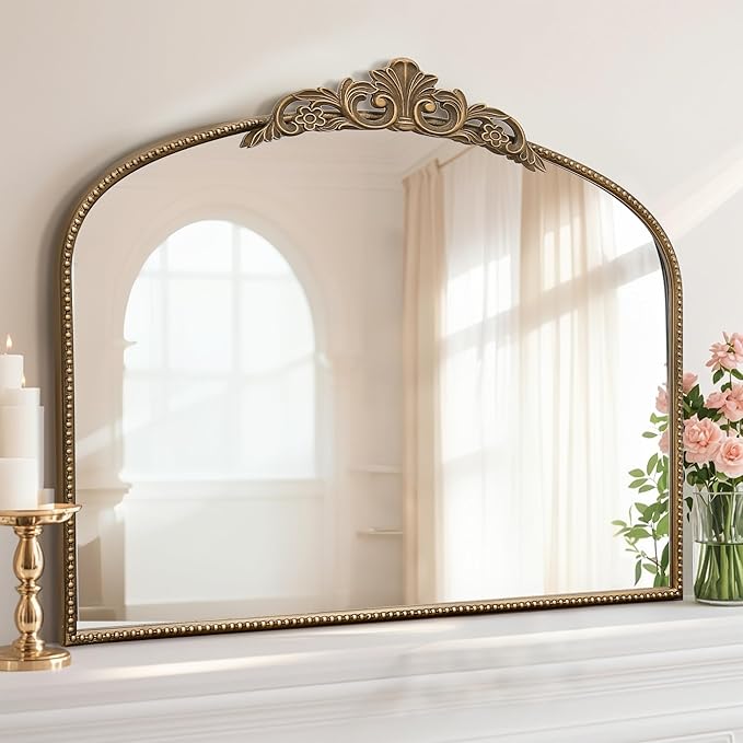 Micasso Large Gold Antique Mirror: 40"x29" French Baroque Arched Mirror - Traditional Ornate Vintage Mirrors for Wall/Mantel/Entryway/Bathroom/Hallway - Home Decor for Living Room