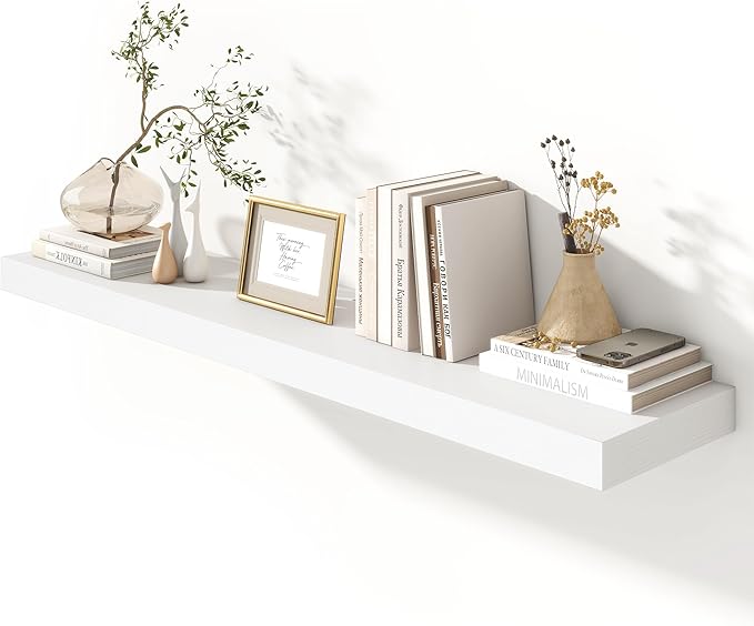 FLYJOE 12 Inch Deep Floating Shelves | 55 Inch White Floating Shelves | 55" W x 12" D Rustic Wood Shelves for Wall | Deep White Shelves for Living Room Bathroom Laundry Room Kitchen
