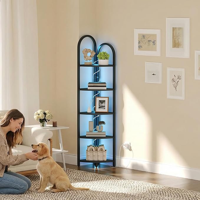 MAHANCRIS 5-Tier Corner Shelf with LED Light, 64.6'' Arched Corner Bookshelf, Narrow Storage Shelf with Metal Frame, for Living Room, Bedroom, Small Spaces, Black CSBK55101