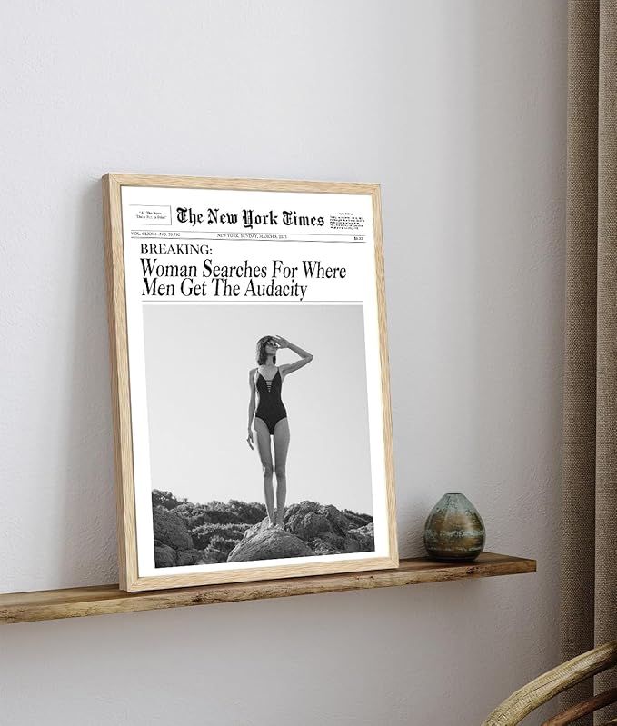 Bwodke OAK Wood Framed Wall Art Woman Searches For Where Men Get The Audacity Canvas Art Vintage Newspaper Pictures Wall Decor Trendy Retro Magazine Prints for Girly Dorm Bedroom 12"x16"