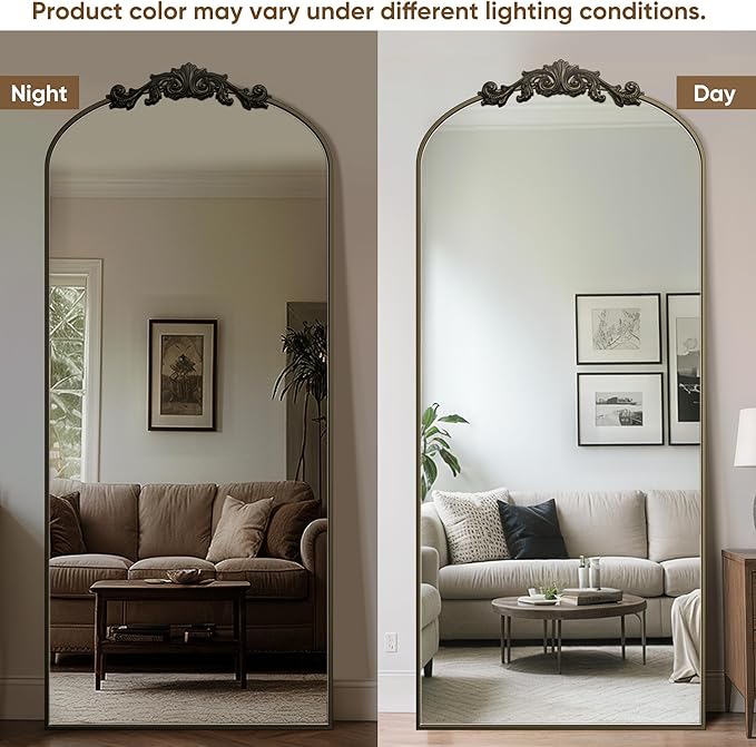 Antok Arched Full Length Mirror, 78"x38" Floor Mirror with Carved, Full Body Mirrors for HomeDecor, Standing/Halling Large Wall Mirror for Bedroom, Living Room, Cloakroom, Bronze, Retro Style