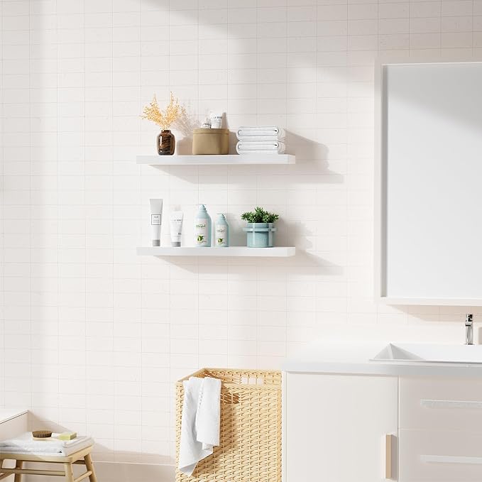 Bellsal Floating Shelves for Wall, White Engineered Wood Wall Shelf Set of 2, 24" Walls Mounted Floating Shelf for Kitchen, Living Room, Bedroom, Bathroom Storage, Book Shelf for Home Decor