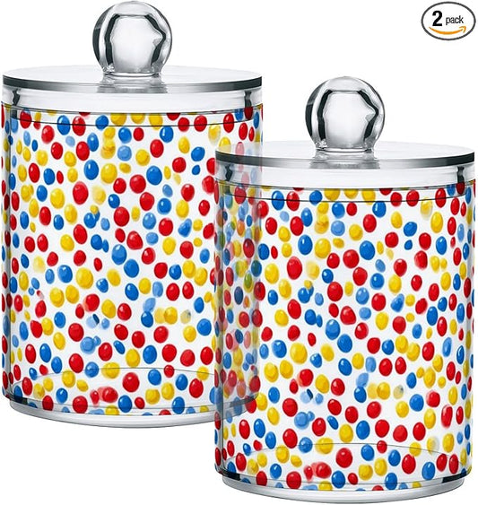 2 Pack Apothecary Jars Charming Red Blue Yellow Art Bathroom Vanity Storage Organizer Set,Small Clear Plastic Storage Jars Bathroom Canister for Cotton Swabs, Rounds, Balls, Qtips,Makeup Sponge