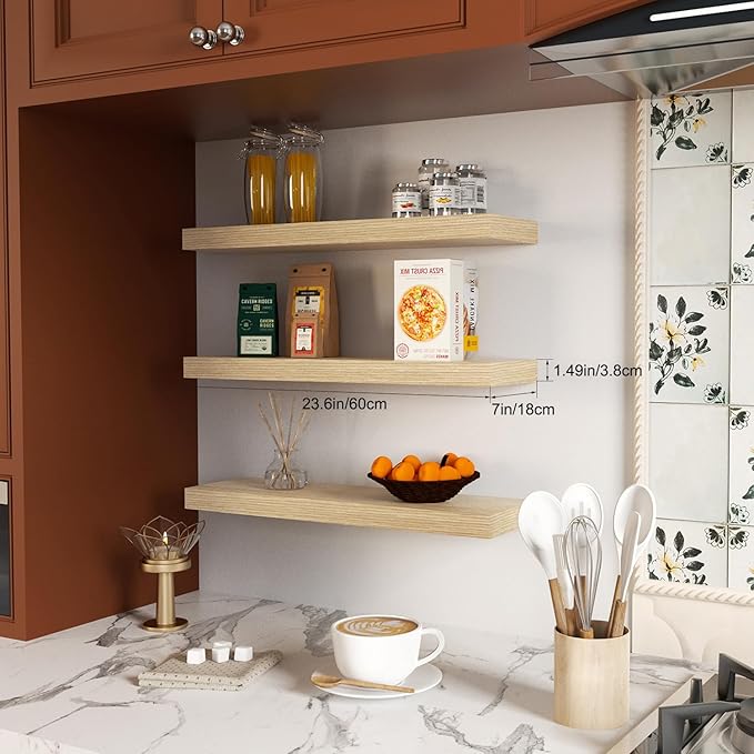 Floating Shelves for Wall, Bathroom Shelves Over Toilet, Wall Shelves & Book Shelf for Room, Hanging Shelf, Modern Wooden Mounted Floating Shelves, 24x7x1.5 in (Oak, Set of 3)
