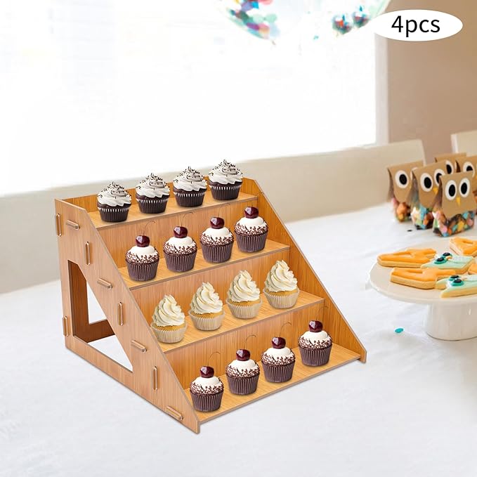 Wooden Display Riser Stand, 4 Set 4-Tier Cupcake Organizer Stand with Prevent Falling Edge, Cupcake Stands Shelf Holder for Candles, Skincare and Makeup