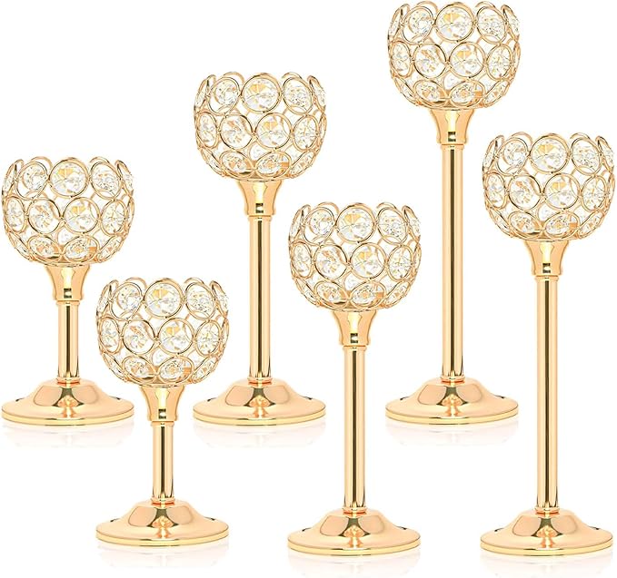 Elegant Crystal Candle Set of 6- Gold Tealight Holders, Votive Candelabras & Bowl Centerpiece Bulk for Dining Table, Wedding Decor