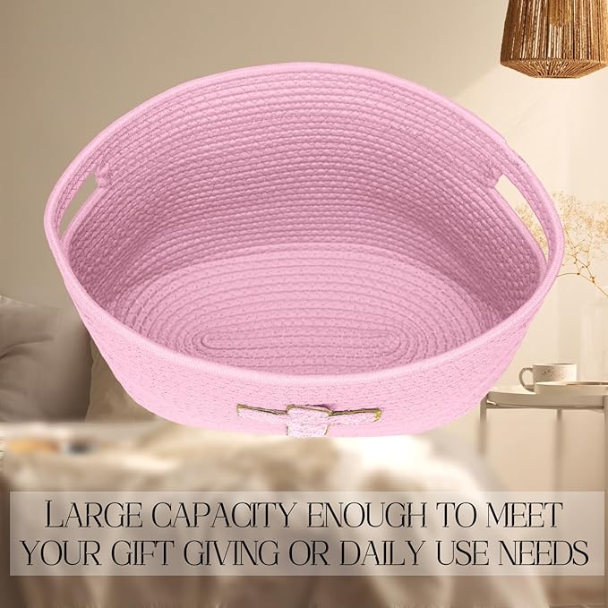 Sliner Baptisms Gifts Basket with Handles, Baptisms Cross Design Cotton Rope Basket Gifts Stuffers Storage for Christenings First Communions Religious Occasions, 15 x 10 x 9 Inch(Pink)