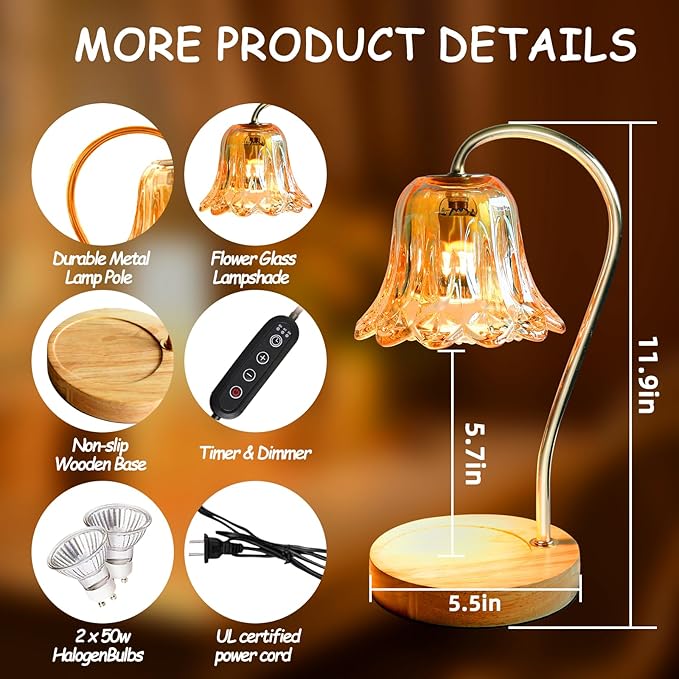 Candle Warmer Lamp with Timer & Dimmer, VKUSRA Candle Lamp with Crystal Flower Lampshade and 2 Premium Gu10 Bulbs, Modern Candle Lamp Warmer for Home Decor, Perfect Housewarming