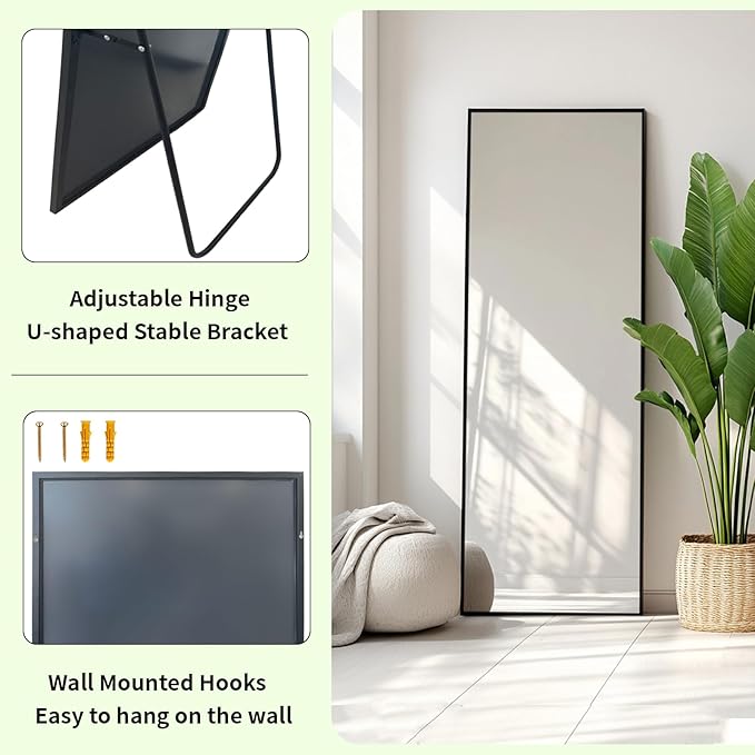 Sunniry Mirror Full Length, Floor Mirror Full Length with Aluminum Metal Frame, Body Mirrors for Bedroom, Living Room, Dressing Room, Baber Shop, Home Décor. (56x18 inch, Black)