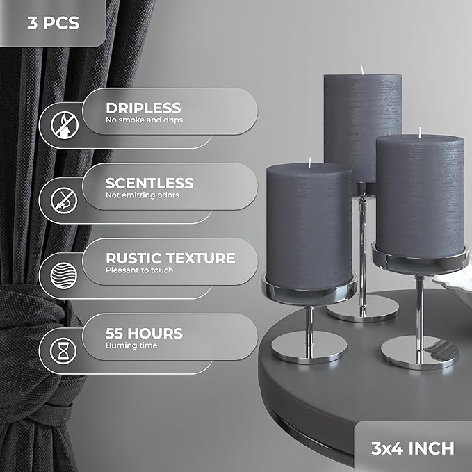 CANDWAX 3x4 inch Pillar Candles Set of 3 – Unscented Dripless Rustic Dark Gray Candles for Wedding Decor, Home Use