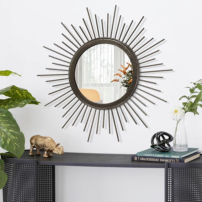 Sunburst Spoked Large Wall Mirror Boho Home Circle Art Mirror Modern Metal Mirror for Wall Decorative Bathroom Bedroom Vanity Hallway Balcony Living Room Entryway 20"