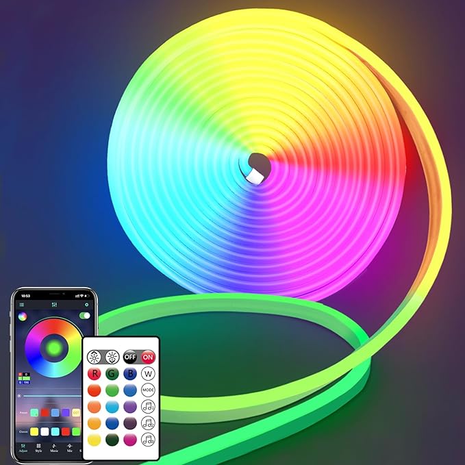 segrass 16.4FT DC24V RGB LED Neon Rope Lights with Remote/APP Control, Waterproof, Flexible, Multicolor, Modern Style for Bedroom, Room, Outdoors, Christmas Decor