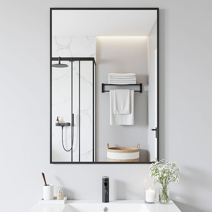 Antok 24x32 Black Metal Framed Bathroom Mirror, Wall Mirror with Rect Corners, Vanity Mirror for Over Sink, Anti-Rust Tempered Glass, Horizontal/Vertical Hanging for Bathroom, Living Room, Entryway