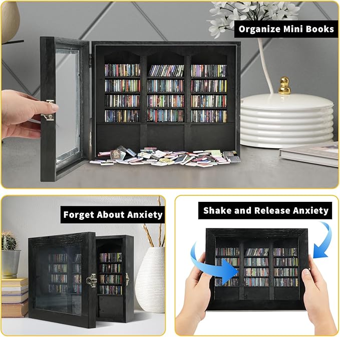 Anxiety Bookshelf - Shake Off Your Anxiety,Miniature Display Shelf,Contains 240 Miniature Book Models,Antique Style Gift Decoration Mini Bookshelf (Black)