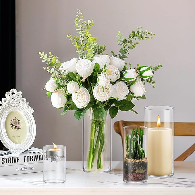 Homjoy Glass Cylinder Vase Sets 16 Pack Tall Clear Flower Vase Hurricane Floating Candle Holder for Table Centerpiece Wedding Home Décor(2.17 x 4IN + 2.56 x 6IN + 3.15 x 8IN + 3.55 x 10IN)