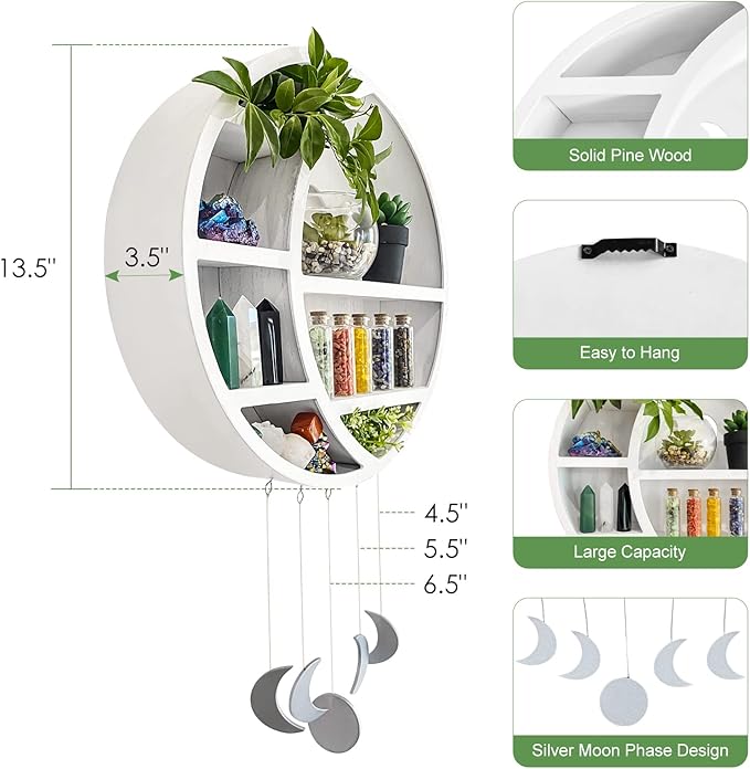 Ella & Emma 5-Shelf Pine Wooden Crescent Moon Crystal Shelf - Bohemian Style, Wall Mount, Bedroom, Living Room, Office