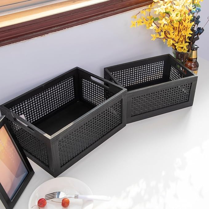 Wooden Storage Baskets,Black Woven Bamboo Basket Nesting Boxes with Built-in Handle for Pantry, Kitchen,Living Room,Shelves,Set of 2