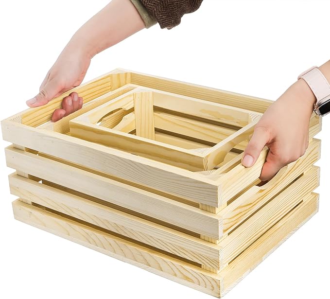 ZENFUN 3 Pack Wooden Nesting Crates with Handles, Decorative Hand Crafted Wood Box Nesting Crate Farmhouse Storage Basket Container for Display and Organization, Home Centerpieces