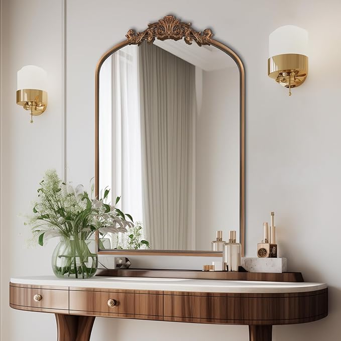 HQiJun Antique Gold Arched Baroque Mirror 24x36 - Brass Finish Metal Frame, Intricately Carved Vertical Wall Mirror for Entryway, Living Room, Bathroom Vanity & Dining Room
