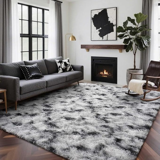 6x9 Ft Large Shag Rugs for Living Room Decor, Tie-Dyed Ultra Soft Fluffy Furry Area Rugs for Bedroom Indoor Floor, Aesthetic Carpet for Kids Home (Black White)